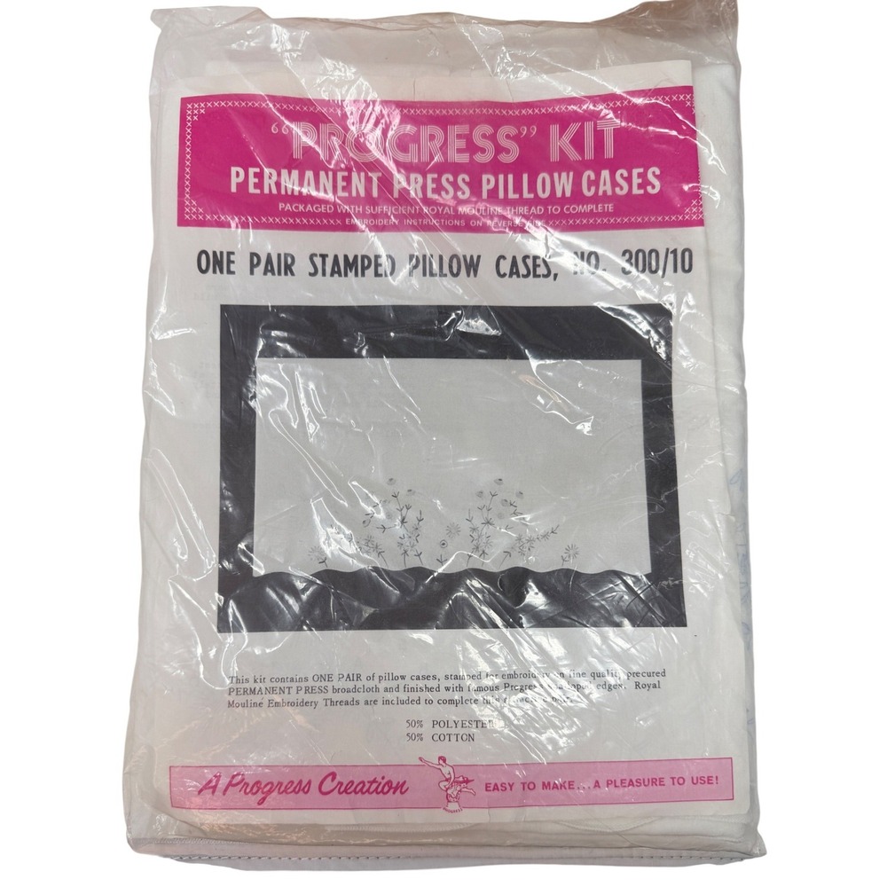 Vintage Progress Kit Stamped Embroidery Pillowcases Pair Floral NOS Unopened